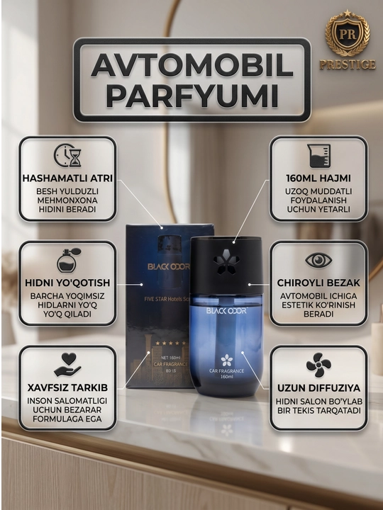 Avtomobil va uy uchun havo tozalagich BLACK ODOR diffuzor atir, 160g