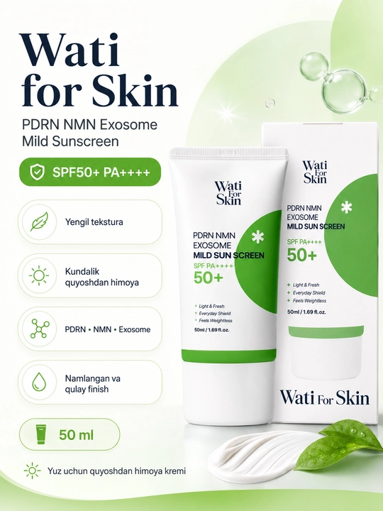 Wati for Skin PDRN NMN Exosome Mild Sunscreen SPF50+ PA++++, солнцезащитный крем, 50 мл - 