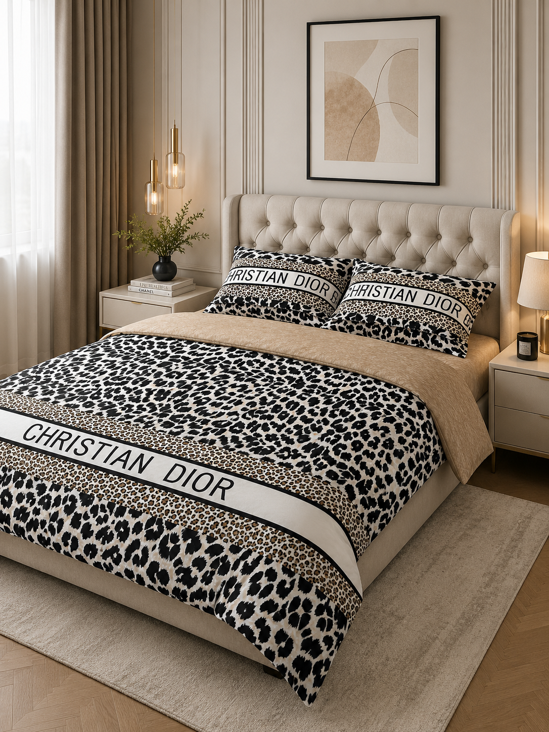 Christian Dior Leopard Premium Satin Yotoq Komplekti – 2 Kishilik, Lyuks Dizayn - 