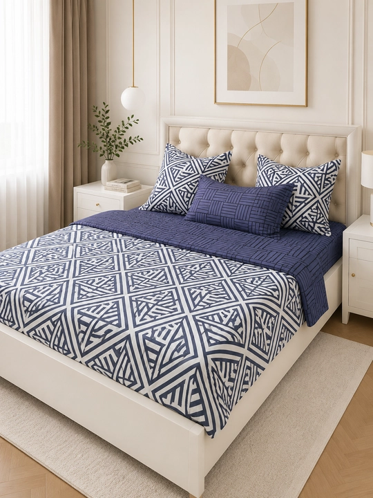Premium Satin Yotoq Komplekti Geometric Blue – 2 Kishilik Zamonaviy Dizayn - 