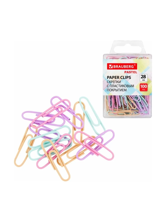 Brauberg 28 mm pastel qog'oz qisqichlari, 100 dona, plastik qutida, 271956