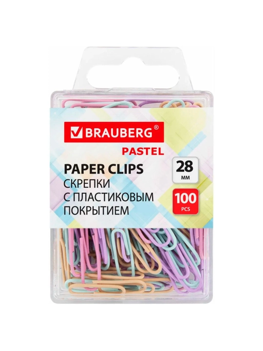 Brauberg 28 mm pastel qog'oz qisqichlari, 100 dona, plastik qutida, 271956