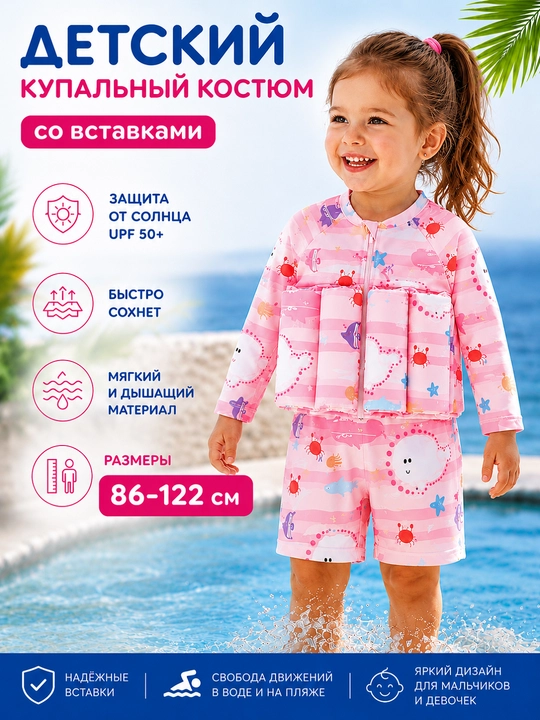 Купальник солнцезащитный детский для девочек и мальчиков со вставками с поплавками - 