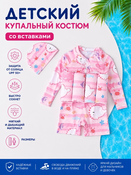 Купальник солнцезащитный детский для девочек и мальчиков со вставками с поплавками