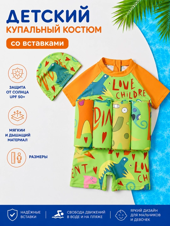 Купальник солнцезащитный детский для девочек и мальчиков со вставками с поплавками