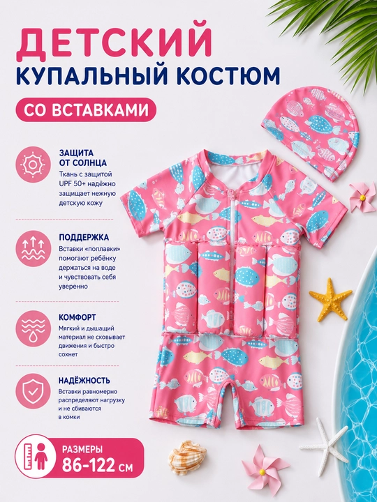 Купальник солнцезащитный детский для девочек и мальчиков со вставками с поплавками