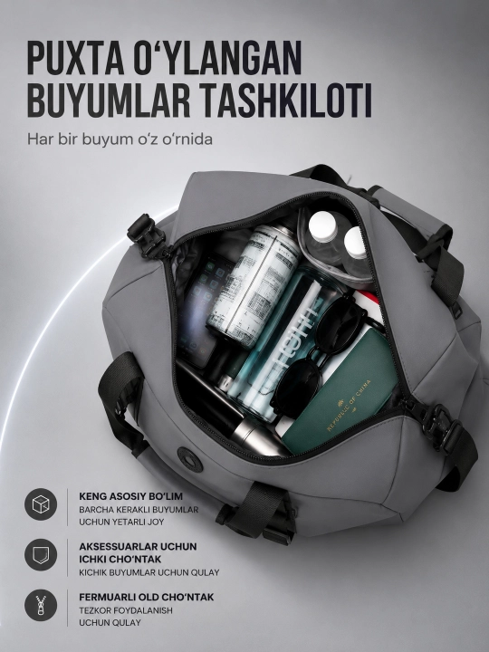 Sport va sayohat sumkasi 35 litr, fitnes va mashg‘ulotlar, erkaklar va ayollar uchun qulay