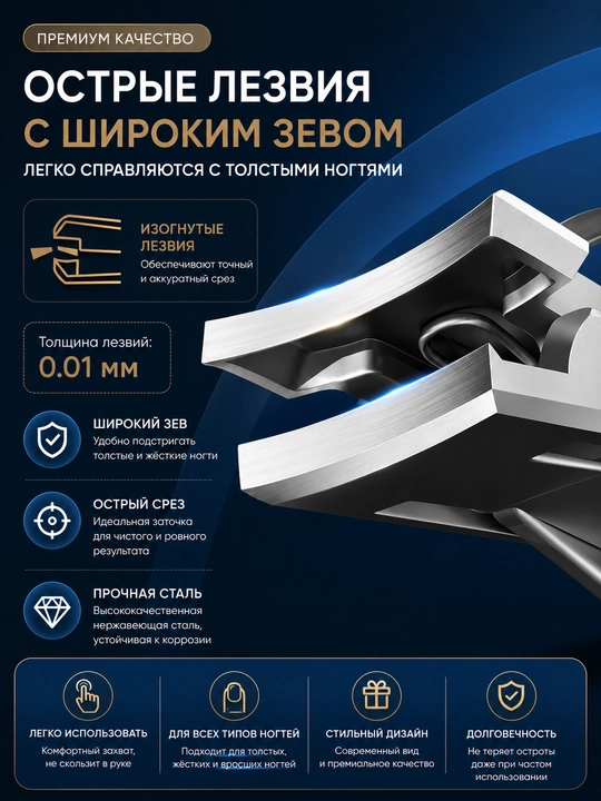 Кусачки для ногтей с широкой режущей частью и встроенной пилочкой