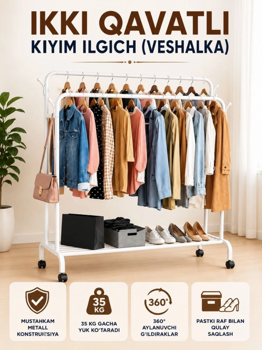 Ikki qavatli kiyim ilgichi Metall garderob stoykasi g‘ildirakli 35kg qora oq