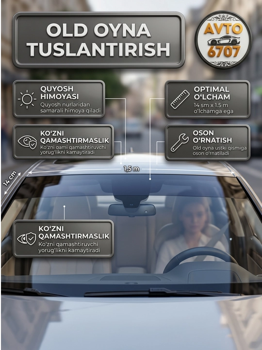 Universal avtomobil old oynasi uchun qoraytirish plyonkasi kazirok, qora, 14sm x 1.5m