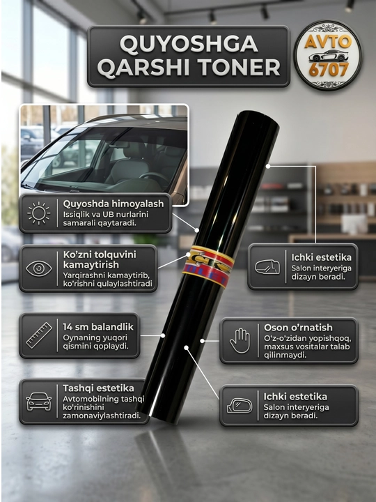 Universal avtomobil old oynasi uchun qoraytirish plyonkasi kazirok, qora, 14sm x 1.5m