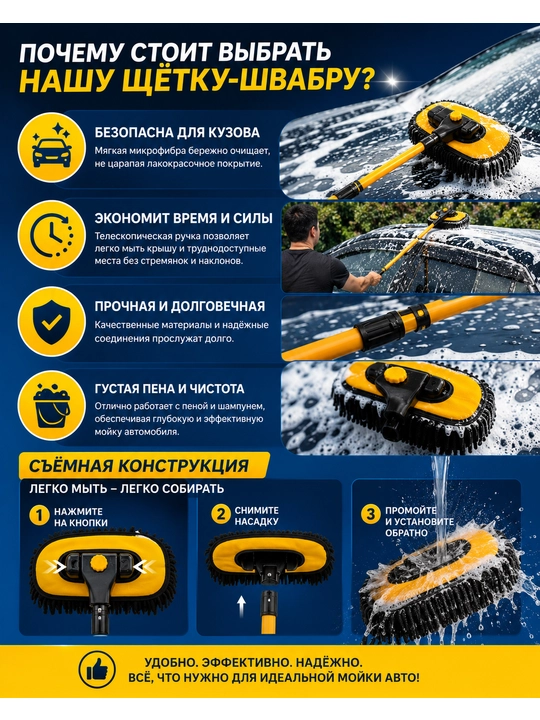 Телескопическая щётка-швабра для мойки автомобиля из микрофибры 120 см