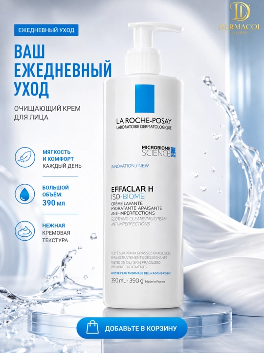 Мягкий уход для умывания лица Effaclar H IsoBiome La Roche для свежести и чистоты 390 ML