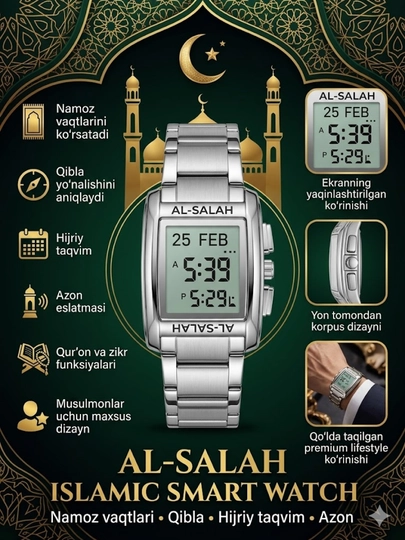 Мужские наручные часы AL-SALAH Premium — умные часы для мусульман — BOSSWAT-200W0068-МОЛОЧ