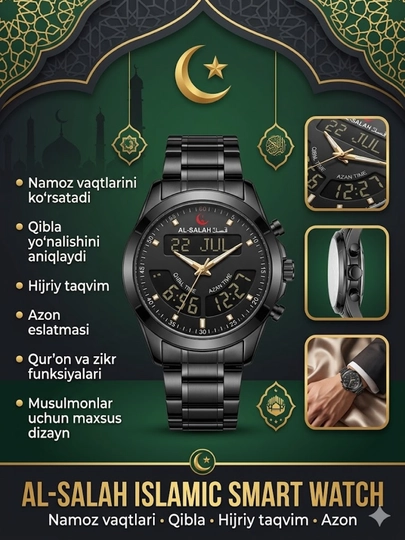 Мужские наручные часы AL-SALAH Premium — умные часы для мусульман — BOSSWAT-200W0068-ЧЕРН