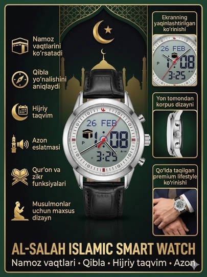 Мужские наручные часы AL-SALAH Premium — умные часы для мусульман — BOSSWAT-200W0068-БЕЖМЕЛ
