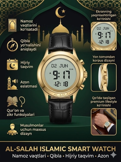 Мужские наручные часы AL-SALAH Premium — умные часы для мусульман — BOSSWAT-200W0068-ЗОЛОТ