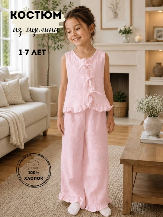 Костюм для девочки из муслина 1-7 лет - 