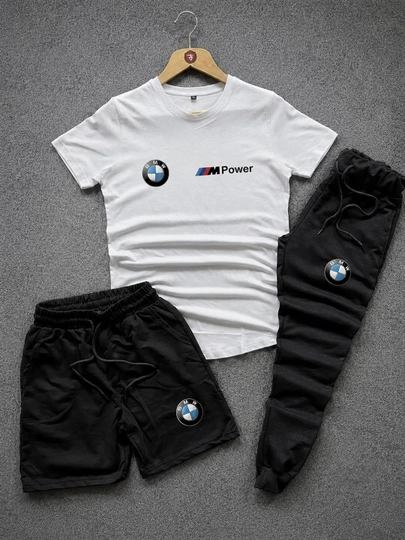 Мужской комплект тройка BMW, футболка и брюки и шорты, для улицы, для зала, 100% хлопок — KEDDSHP-ALI3-БЕЛЫЙ-XXXL