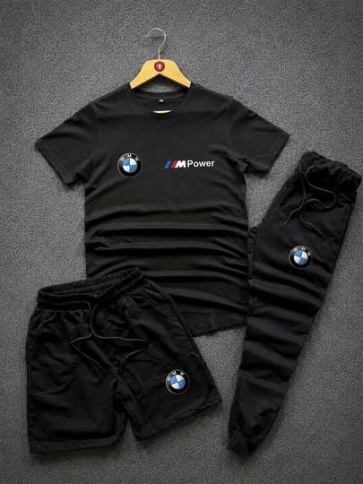 Мужской комплект тройка BMW, футболка и брюки и шорты, для улицы, для зала, 100% хлопок — KEDDSHP-ALI3-ЧЕРН-L/XL