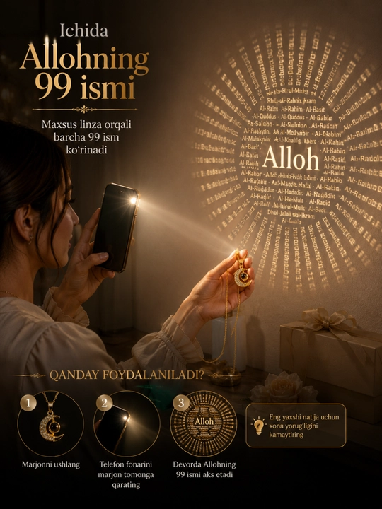 Zanjirli Marjon "Allohning 99 Ismi" – Ayollar uchun Nafis Bezak, Oltin va Kumush Rang