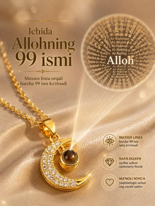 Zanjirli Marjon "Allohning 99 Ismi" – Ayollar uchun Nafis Bezak, Oltin va Kumush Rang