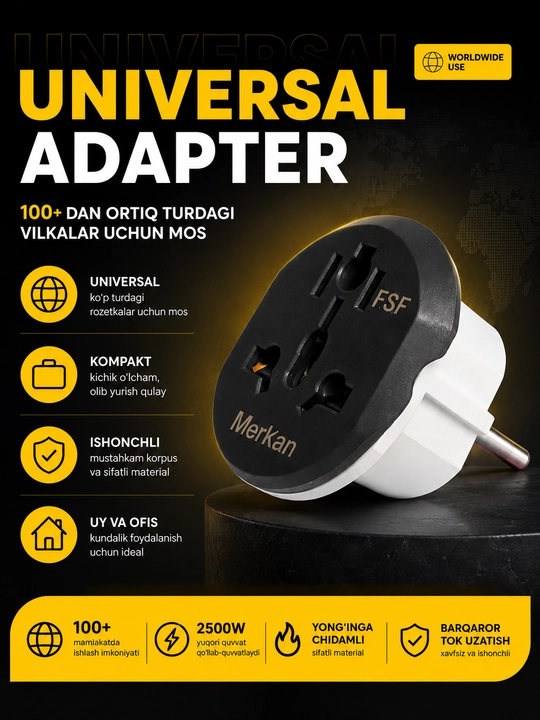 Merkan KT168 universal adapteri, 16A, 250 Vt, IP65, yevro rozetkalar uchun, qora, oq, kul rang - 