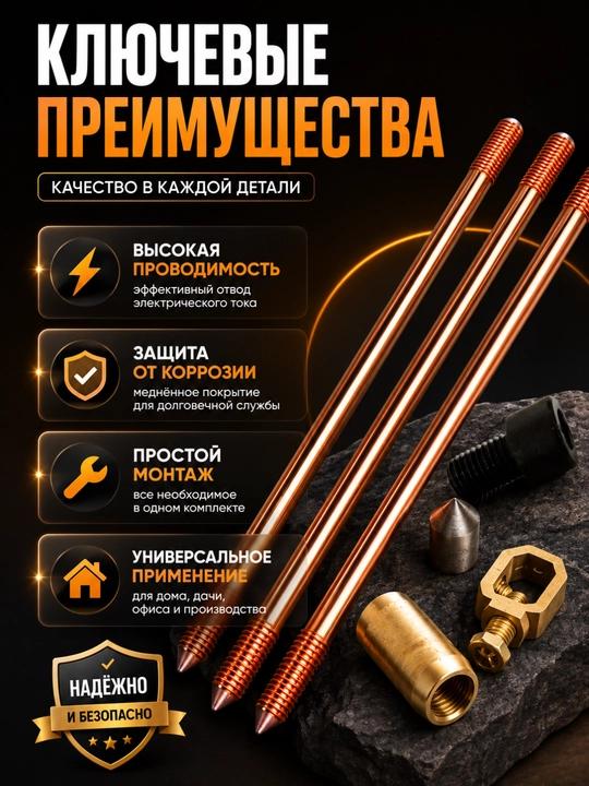 Yerga ulash sterjenlari to‘plami, 1,5 m х Ø16 mm, mis qoplamali, mufta va uchlik bilan