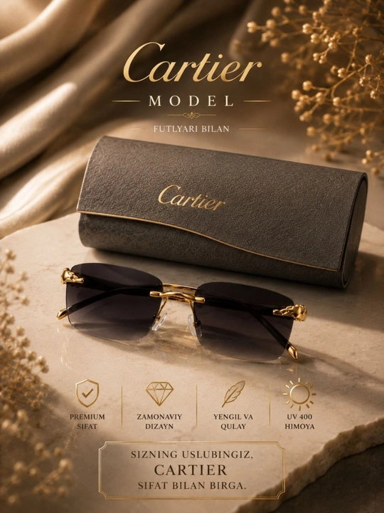 Ko'zoynak quyoshdan himoya qiluvchi Cartier ochki ayollar uchun achki qutisi bilan birga
