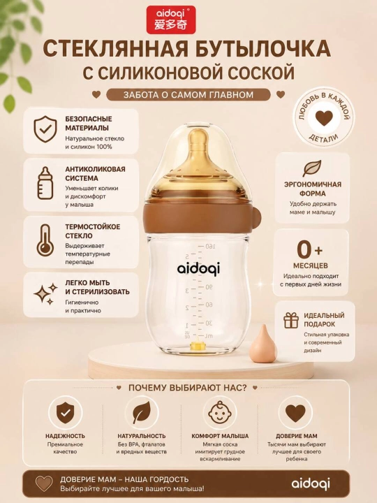Silikon so‘rg‘ichli emizish uchun shisha bolalar shishasi, koliklarga qarshi