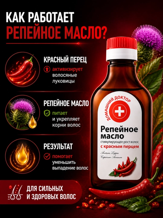 Репейное масло, cтимулирующее рост волос, от выпадения, Домашний Доктор, 100 мл