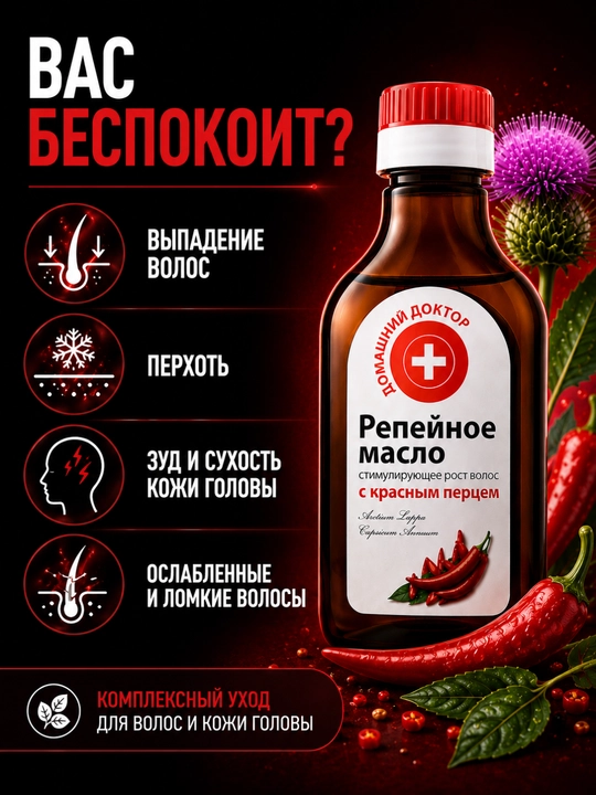 Репейное масло, cтимулирующее рост волос, от выпадения, Домашний Доктор, 100 мл