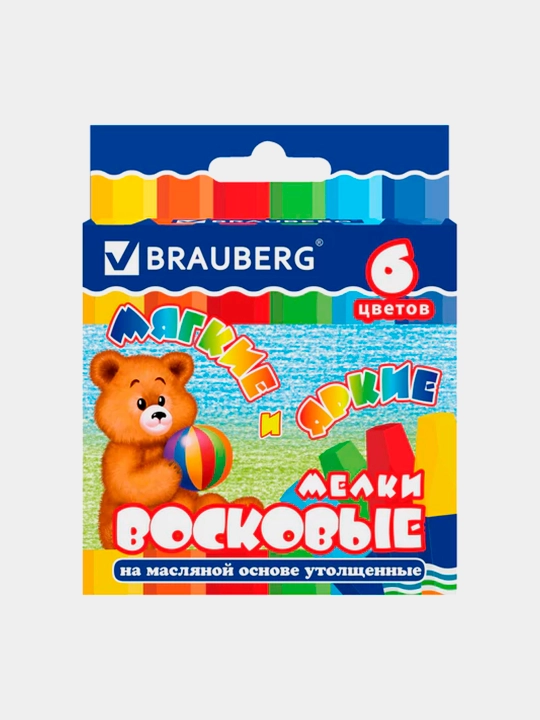 Восковые мелки утолщенные BRAUBERG, 6 цветов, на масляной основе