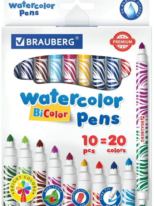 BRAUBERG PREMIUM BI-COLOR Фломастеры двусторонние 10 шт., 20 цв., арт. 151945 - 