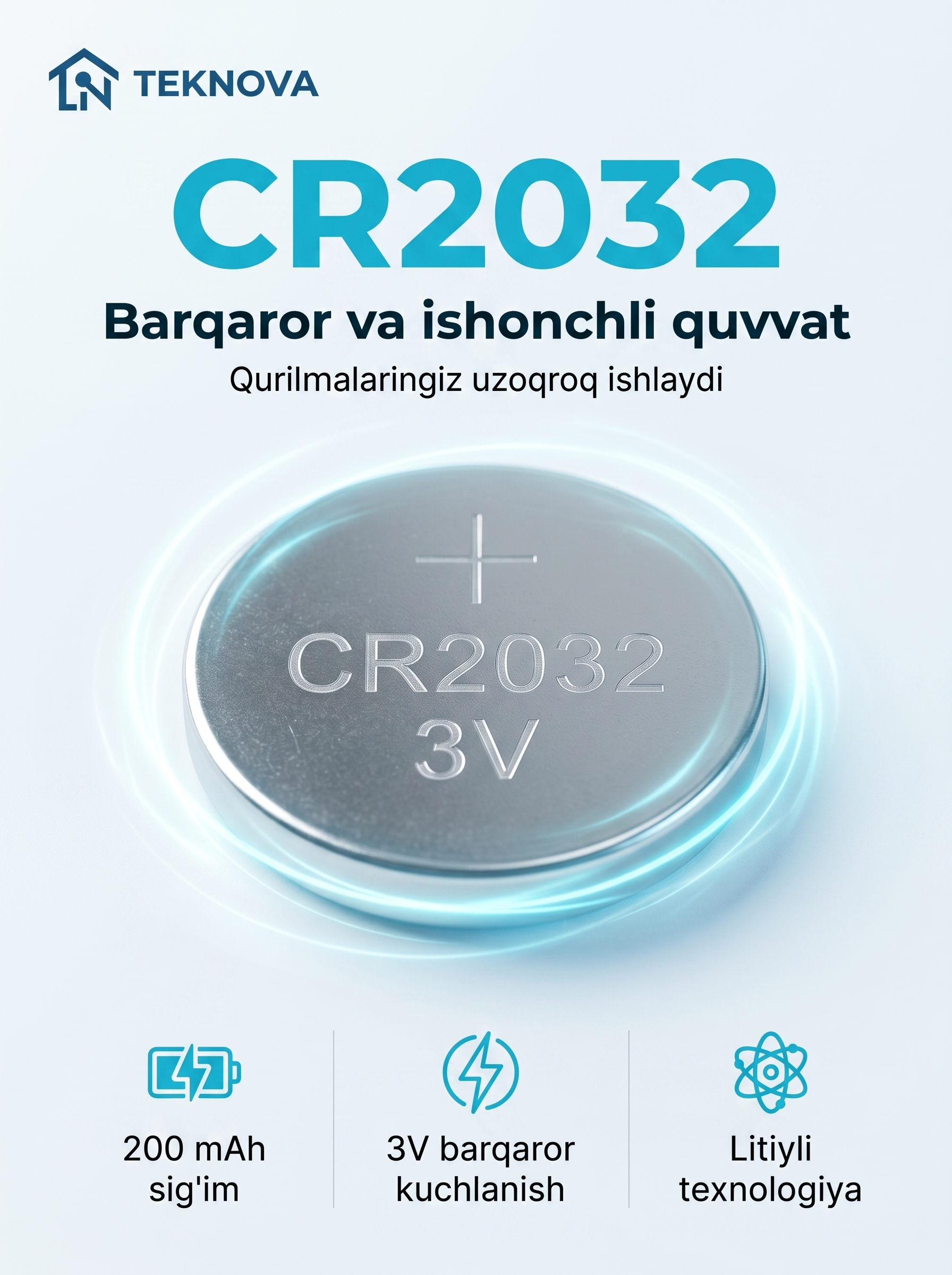 Batareya (CR1220, CR1620 CR2016 CR2025, CR2032, CR2450) 3V, 5 dona, Teknova litiy