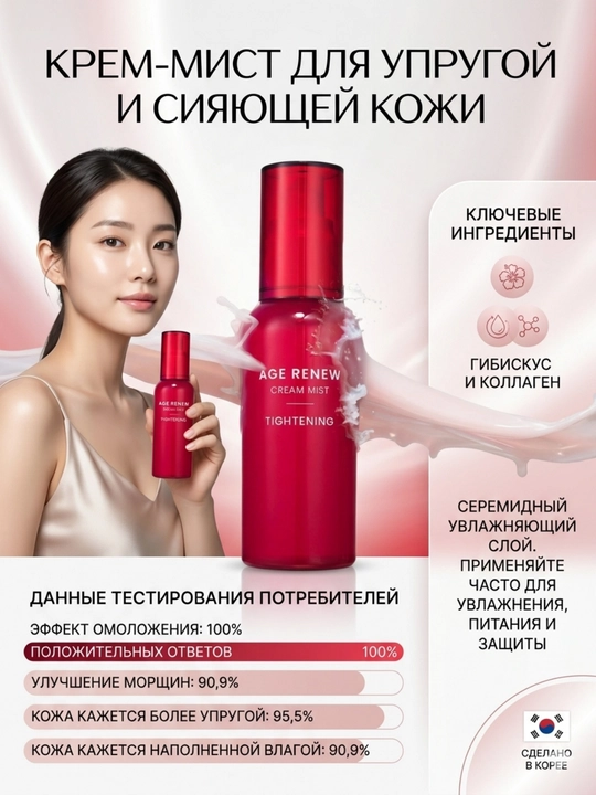 AHC Age Renew Krem-Mist: Мгновенный Лифтинг и Увлажнение с Коллагеном и Гибискусом, 100мл - 