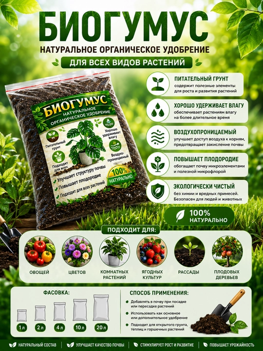 Biogumus, 1 kg vermikompost gullar,ko‘chatlar va o‘simliklar uchun tabiiy universal o‘g‘it