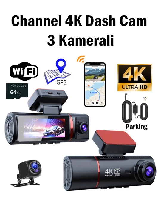 Videoregistrator Channel 3 Kamerali 4K Ultra HD WiFi GPS  Parking 3.2 HD displey ekran