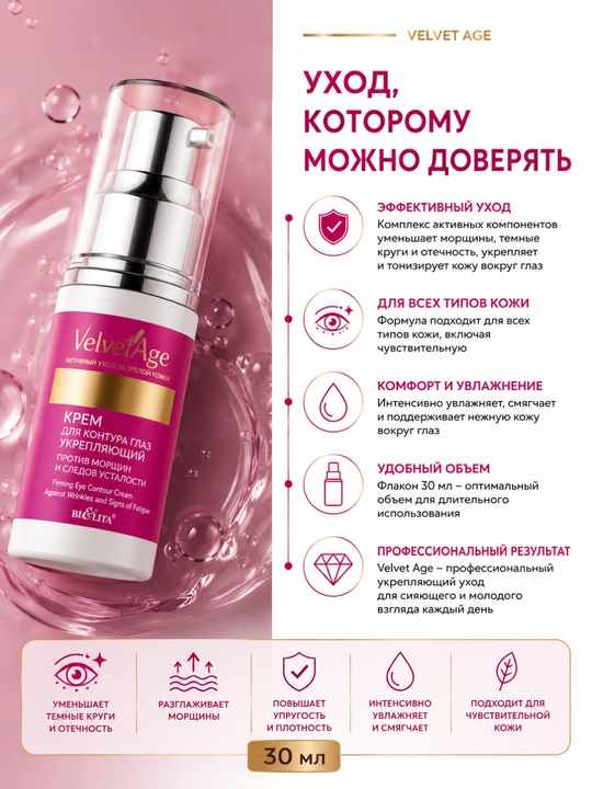 Ko‘z atrofi uchun ajinlar va charchoq izlariga qarshi "Velvet Age" kremi, 30 ml, Belita
