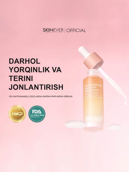 Yuz uchun oqartiruvchi SKINEVER zardobi, 10% niatsinamid bilan, pigmentatsiyaga qarshi, 30 ml