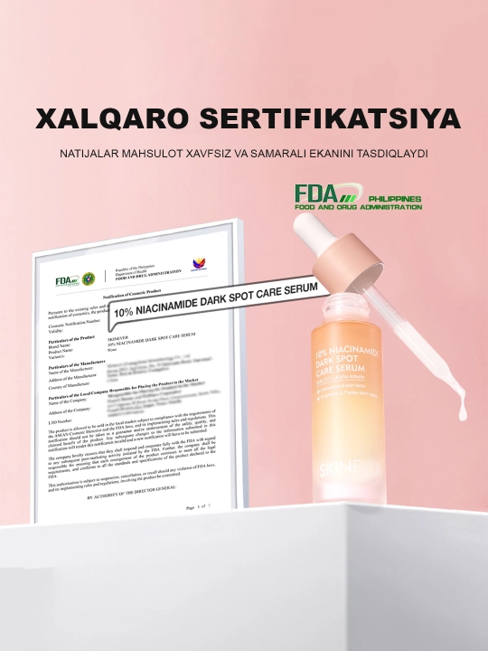 Yuz uchun oqartiruvchi SKINEVER zardobi, 10% niatsinamid bilan, pigmentatsiyaga qarshi, 30 ml