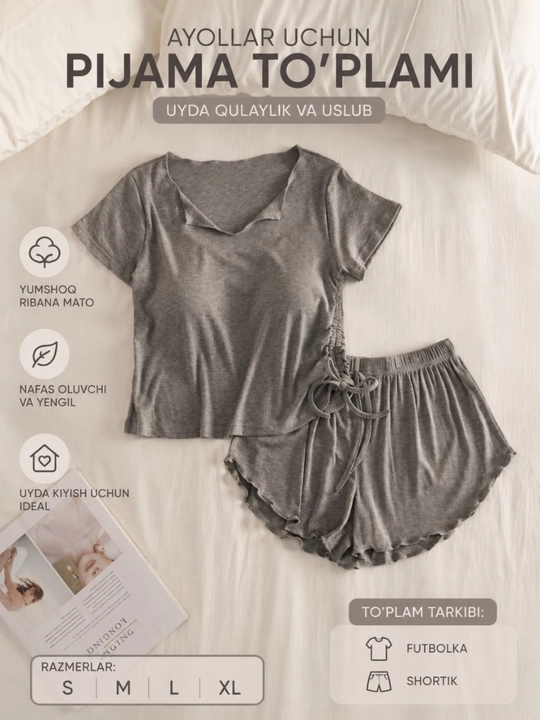 Ayollar pijamasi, ikki qismli pijama, bluzka va shortik - 