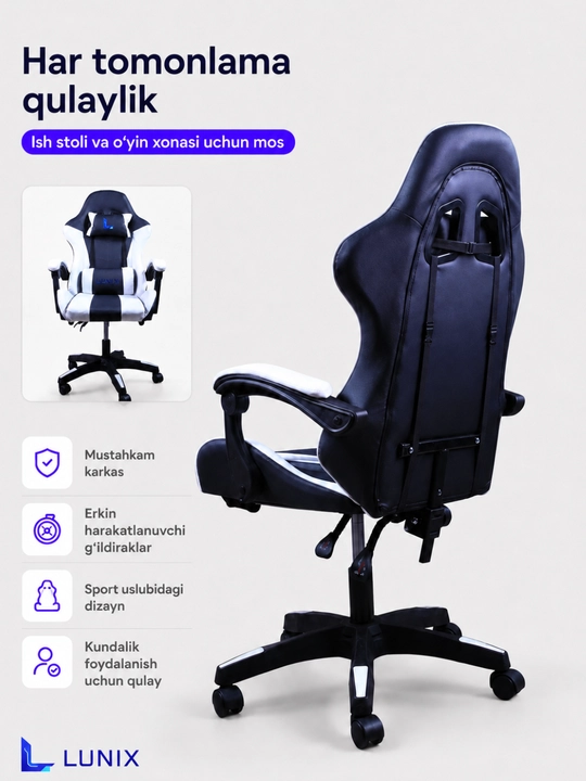 O‘yin va ish uchun qulay kreslo, oyoq tayanchli, sozlanadigan