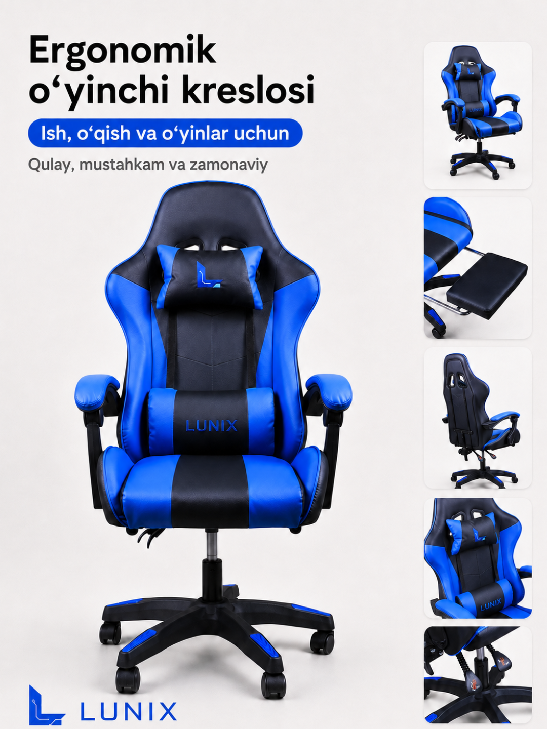 O‘yin va ish uchun qulay kreslo, oyoq tayanchli, sozlanadigan