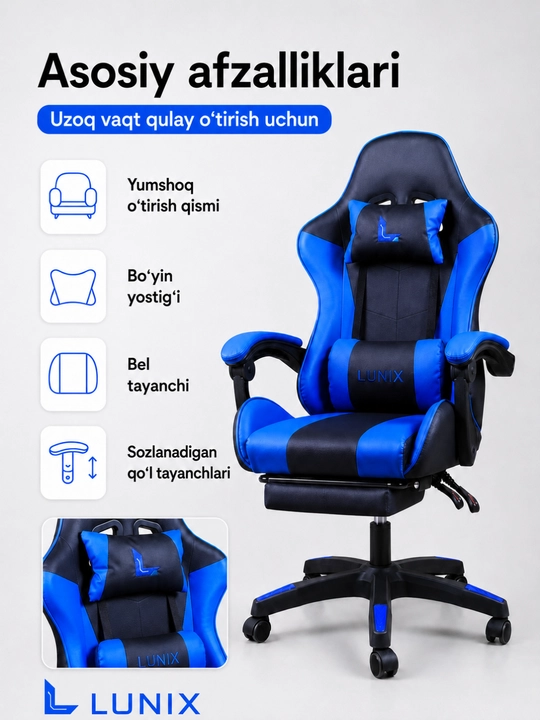O‘yin va ish uchun qulay kreslo, oyoq tayanchli, sozlanadigan