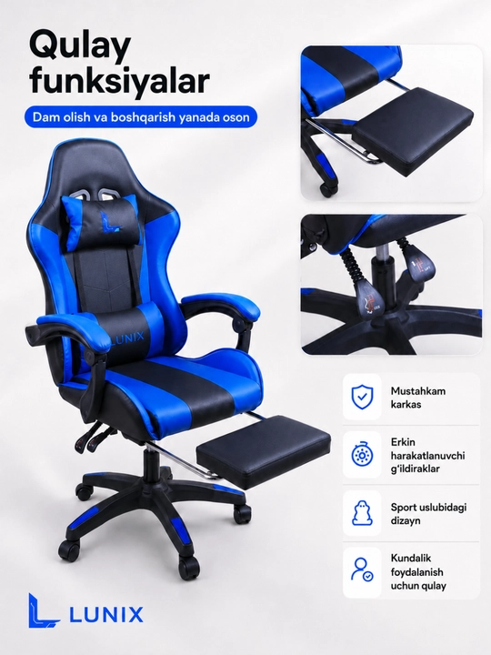 O‘yin va ish uchun qulay kreslo, oyoq tayanchli, sozlanadigan
