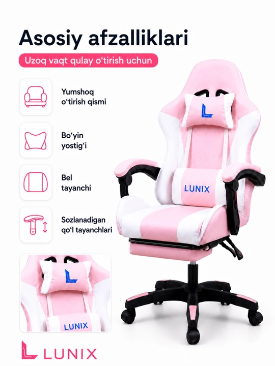 O‘yin va ish uchun qulay kreslo, oyoq tayanchli, sozlanadigan