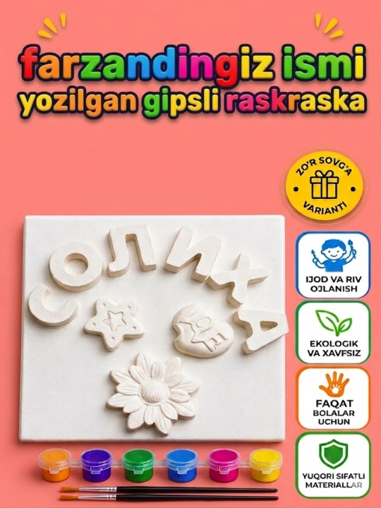 Gipsli raskraska ismli, 9 figura, Bolalar sovg'asi, Bo'yoq to'plam, 3-10 yosh