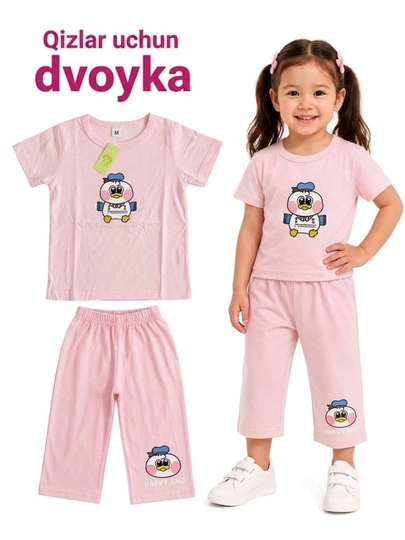 Летний стильный костюм-двойка для девочек, футболка и шорты — YNAKIDS-DVOYKAXBQIZLAR-ПУДР-6 лет