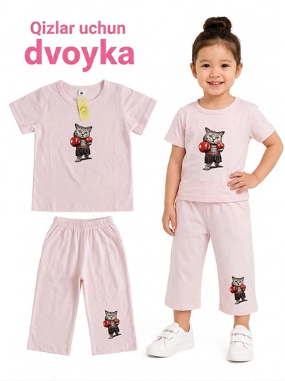 Летний стильный костюм-двойка для девочек, футболка и шорты — YNAKIDS-DVOYKAXBQIZLAR-РОЗОВ-6 лет
